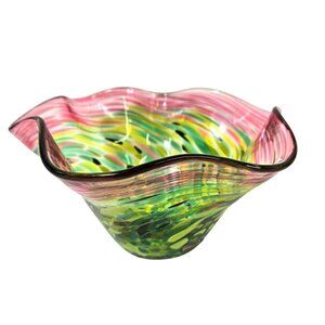 Handcrafted Glass Eye Studios Art Glass Bowl w Vibrant Pink & Green Swirl Ruffle